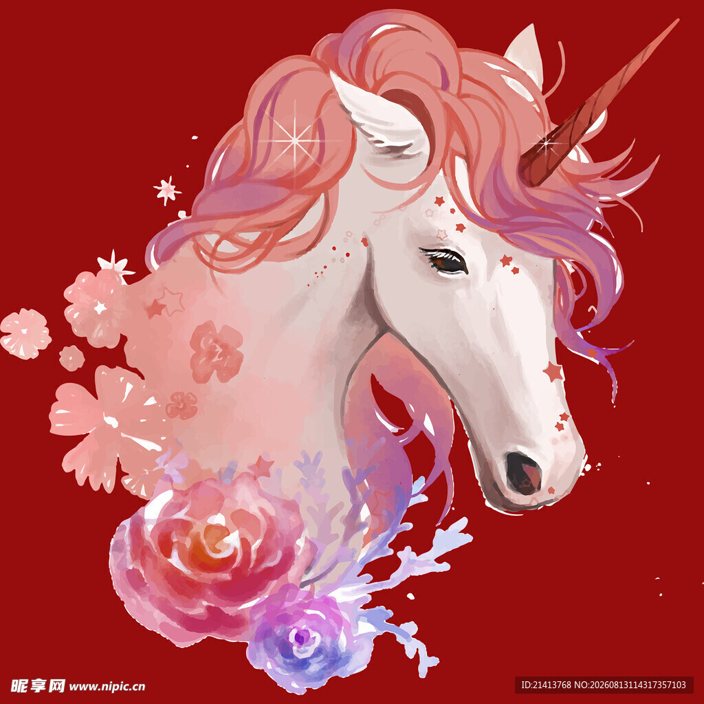 梦幻独角兽与花卉插画