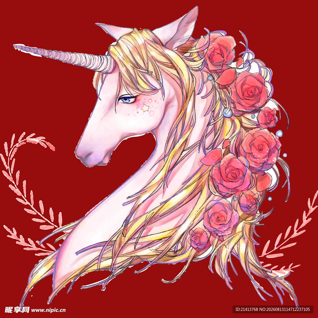 梦幻独角兽与玫瑰插画