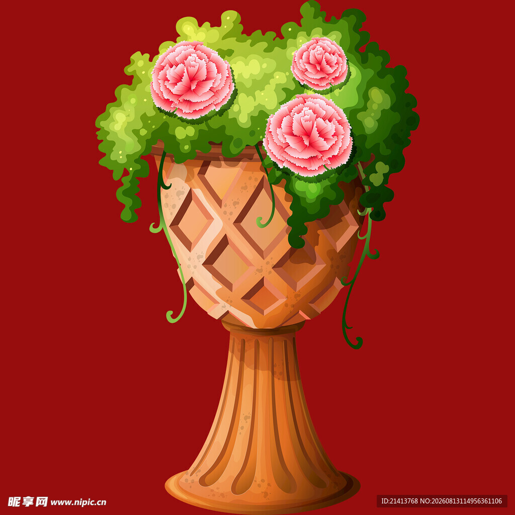 雕花花盆中的娇艳玫瑰