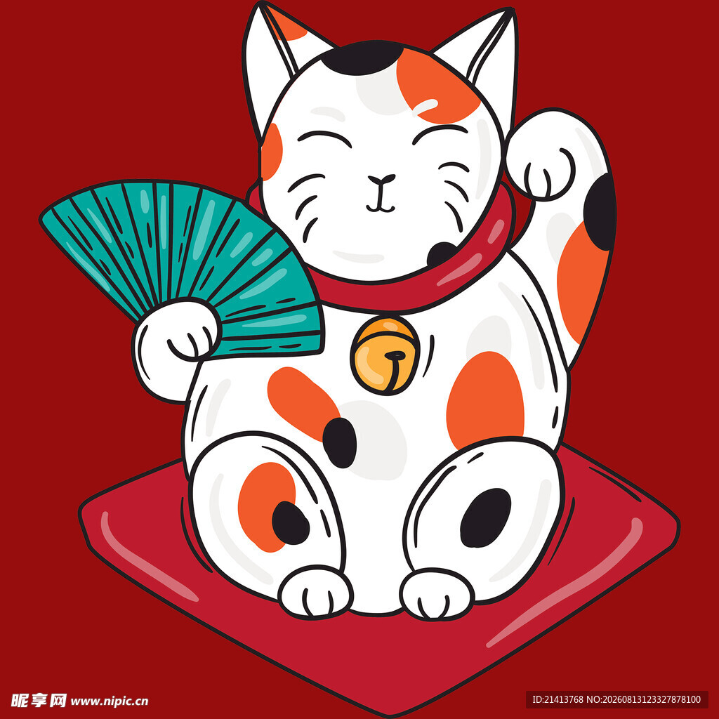 招财猫手持折扇喜庆模样