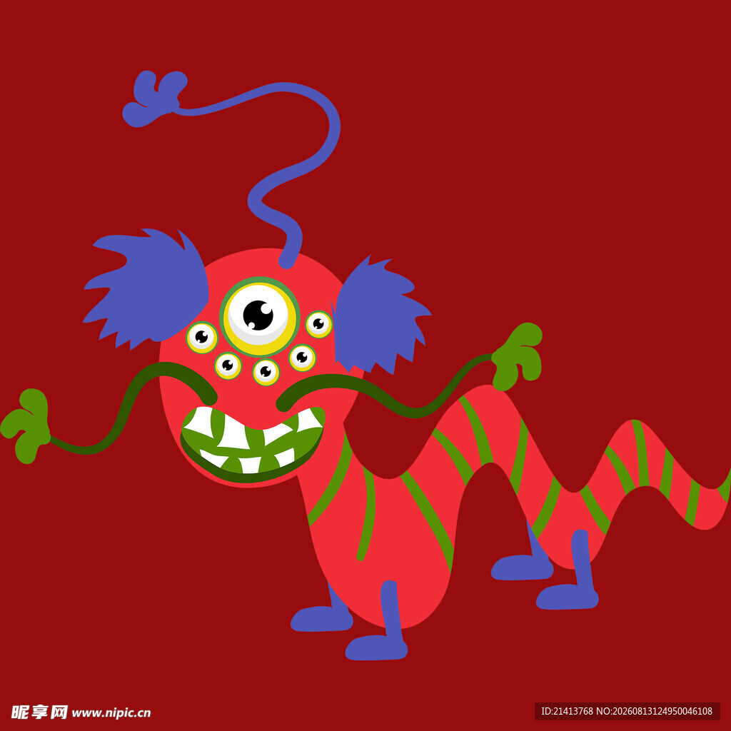 红色背景上的多彩卡通怪兽
