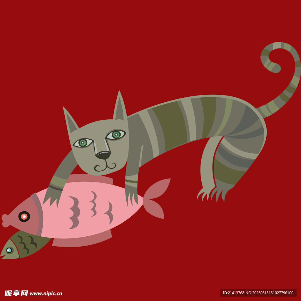 猫咪抱鱼的可爱插画