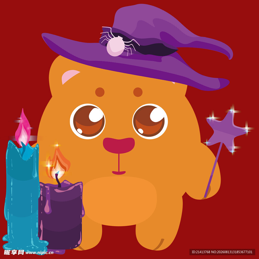 戴帽小猫持魔杖与蜡烛