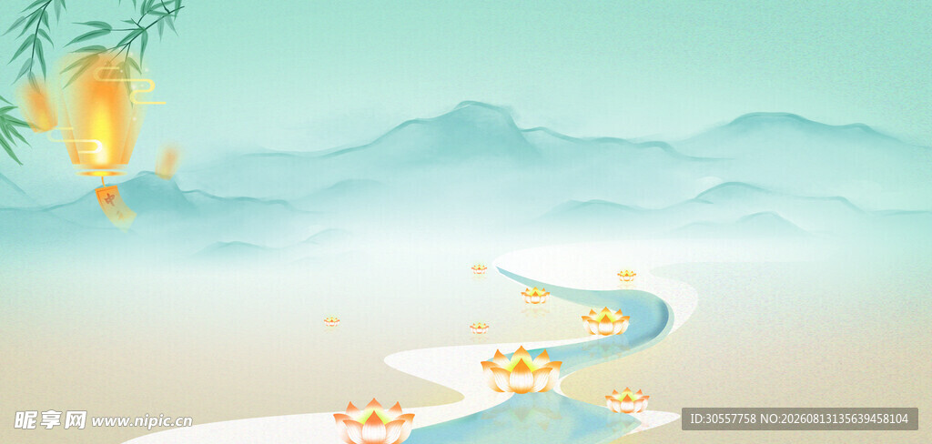 中元节莲花灯绿色中国风节日背景