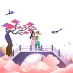 七夕节扁平卡通爱心喜鹊牛郎织女