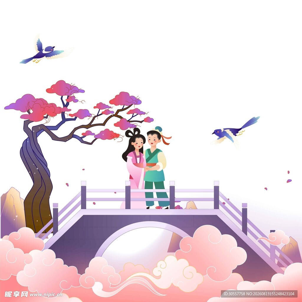 七夕节扁平卡通爱心喜鹊牛郎织女