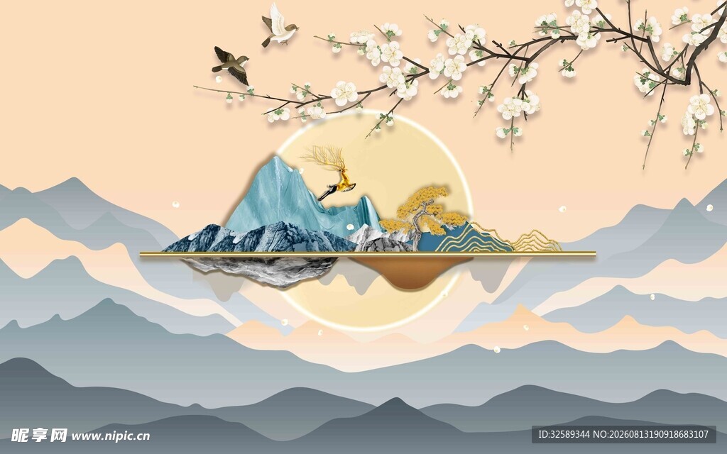 中式山水意境插画风景图