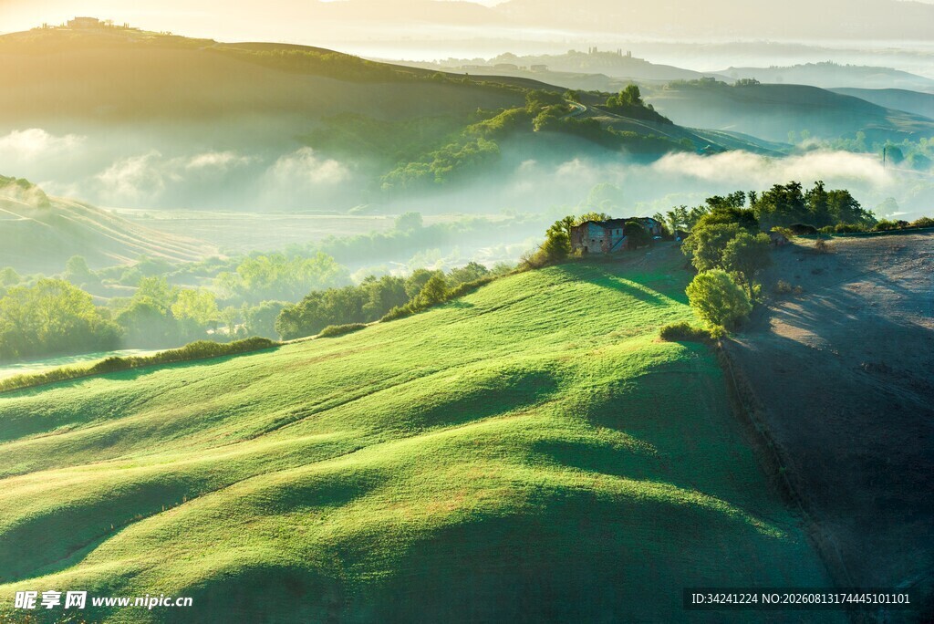 清晨绿野山丘美景