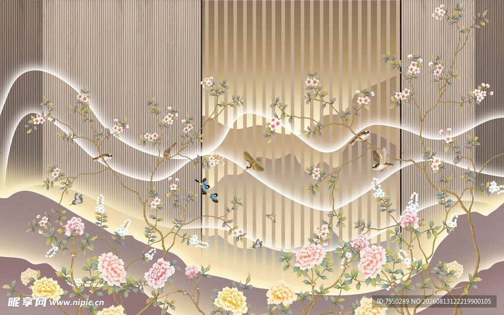 中式浪漫梦幻花卉波浪图