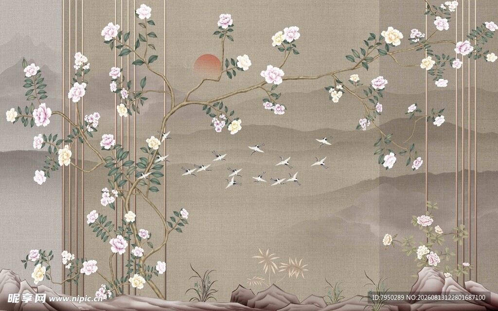 中式雅致花卉墙面装饰图