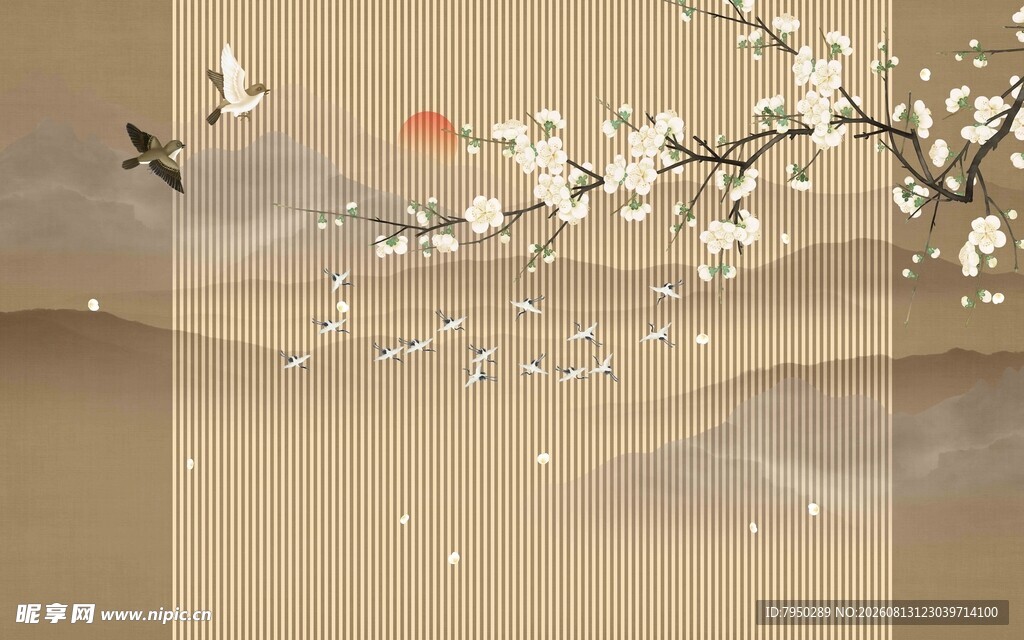 中式水墨风花鸟山水图景