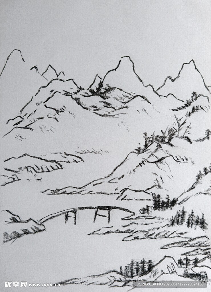 速写山水风景图