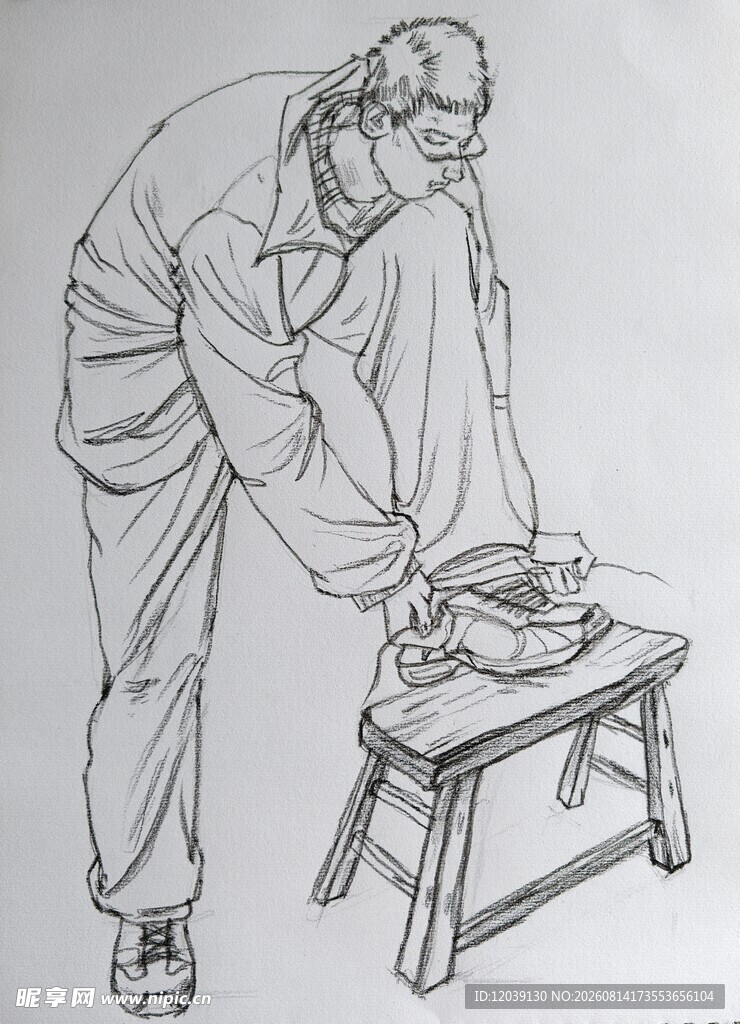 人物速写男青年系鞋带
