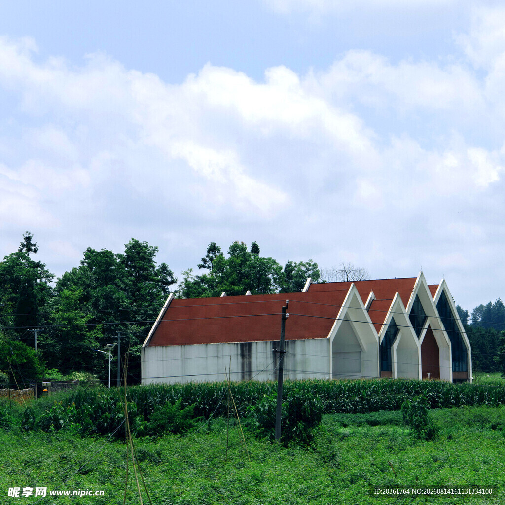 乡村田野中的红顶建筑群