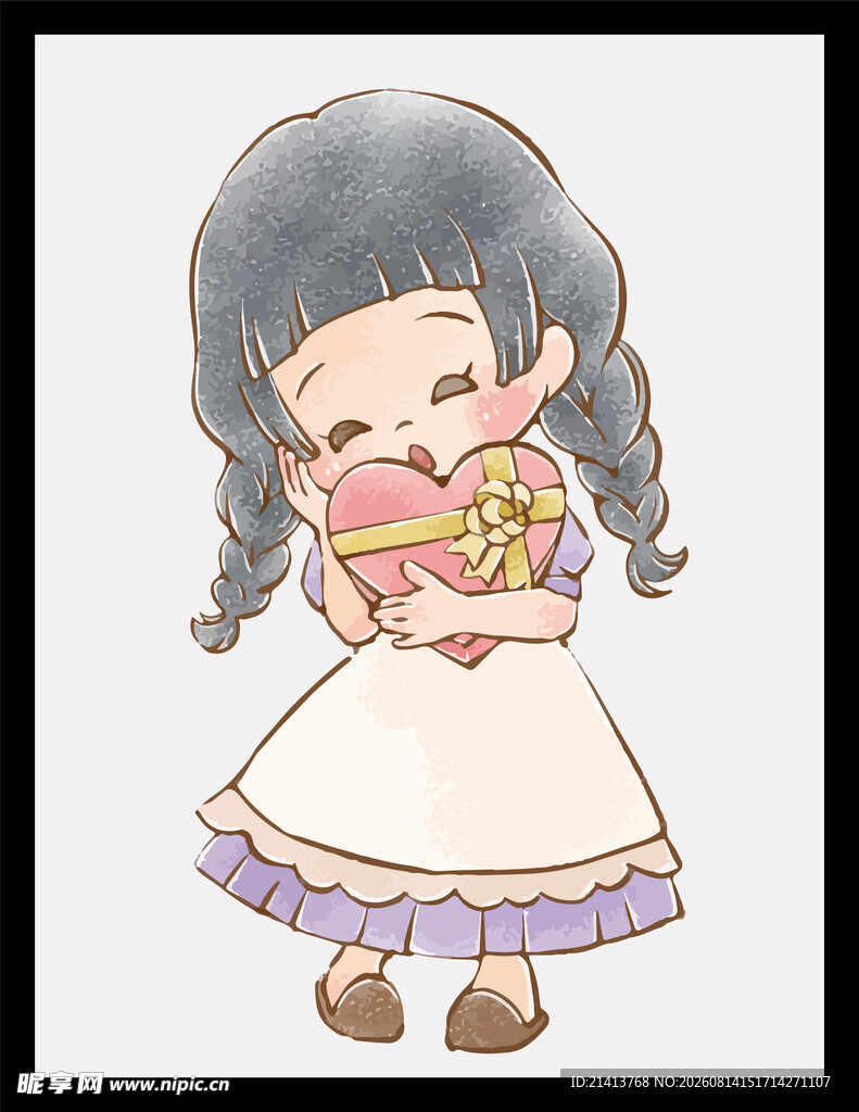 抱礼物的可爱卡通小女孩