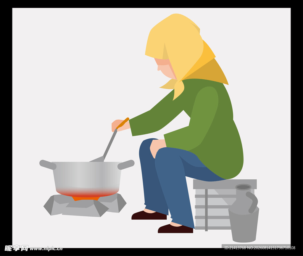 女子户外生火烹饪场景