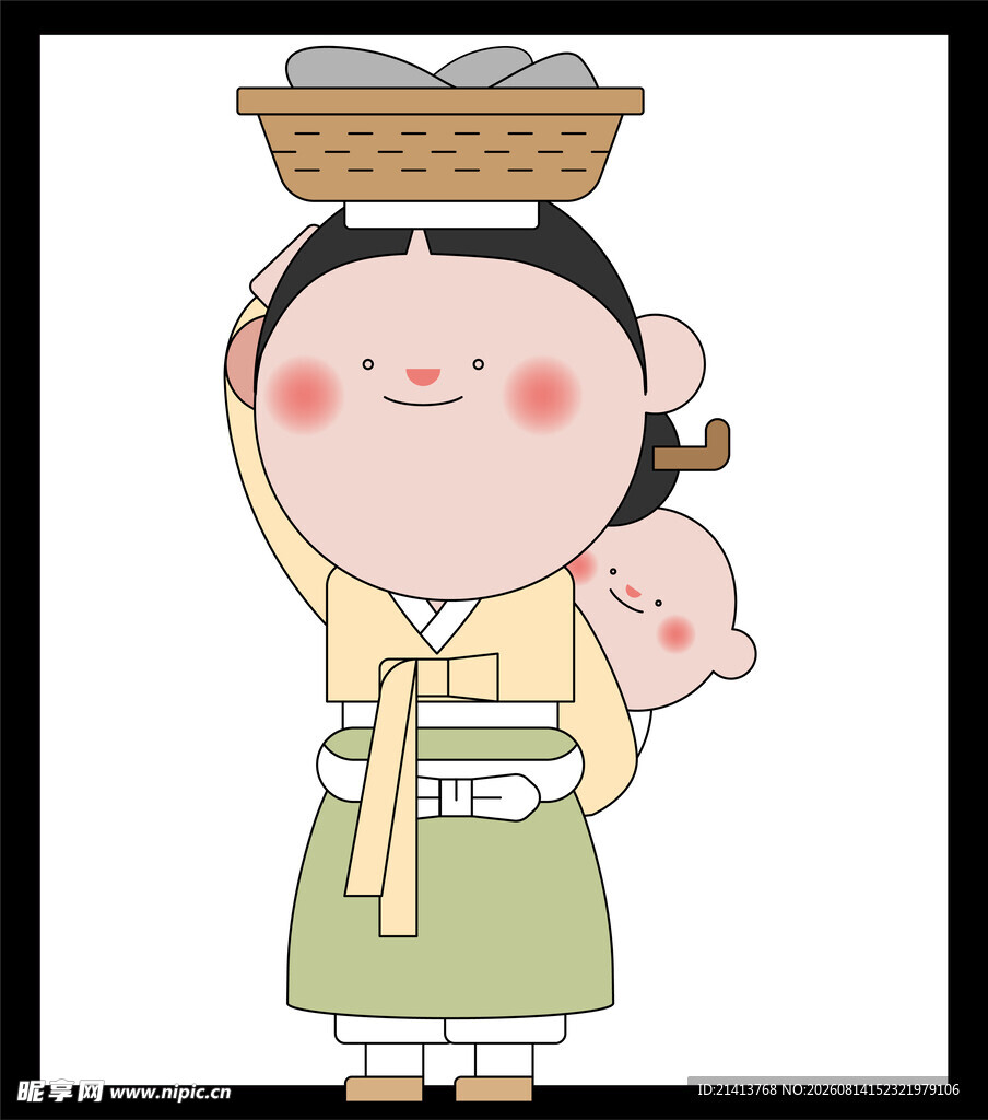 头顶竹篮的可爱古风女孩