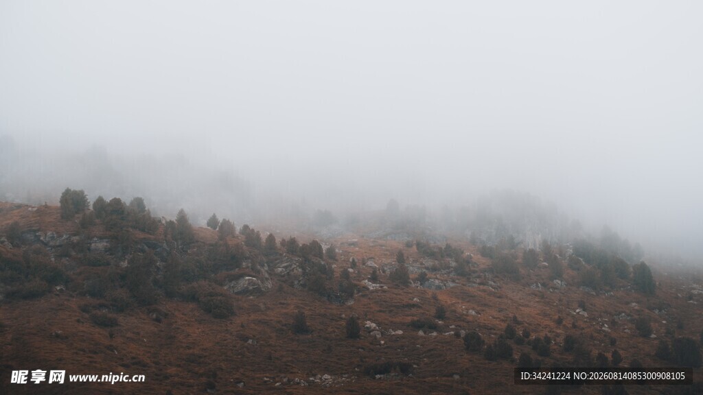 山间云雾缭绕的朦胧景致