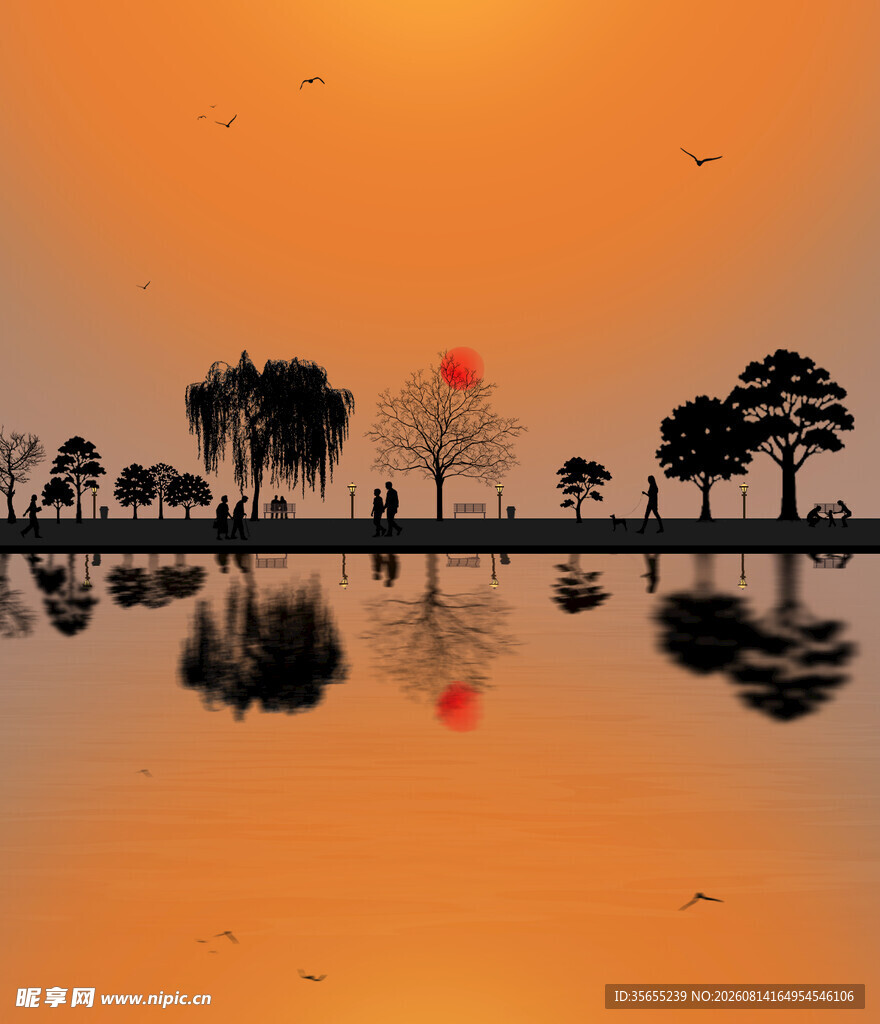 夕阳插画图落日晚霞