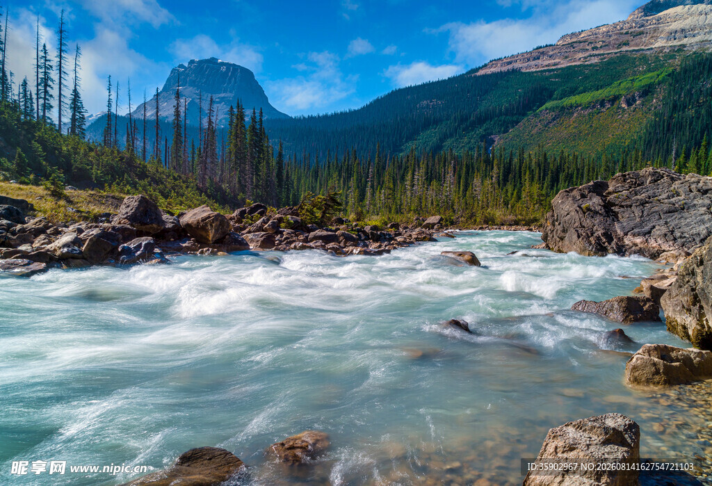 山间湍急溪流与壮丽山景