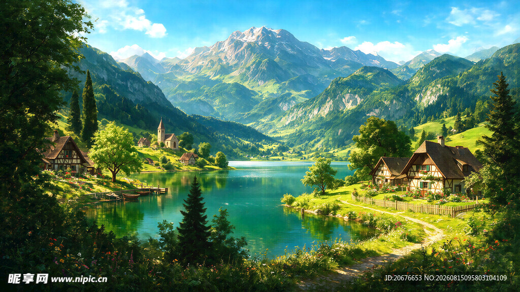 治愈山间湖泊自然风光插画