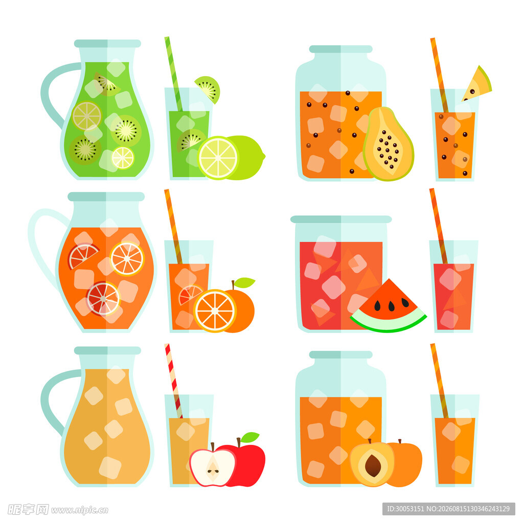多彩果汁与水果插画集合