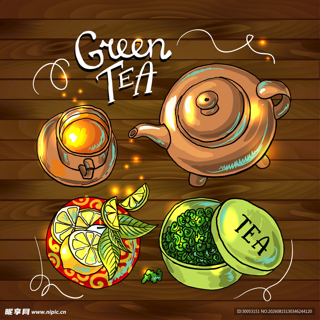 手绘绿茶茶具与茶叶场景