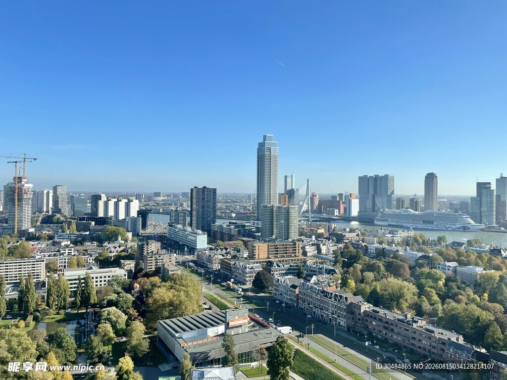 城市天际线与绿树景观