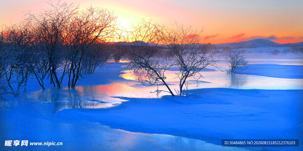 冬日雪野夕阳美景