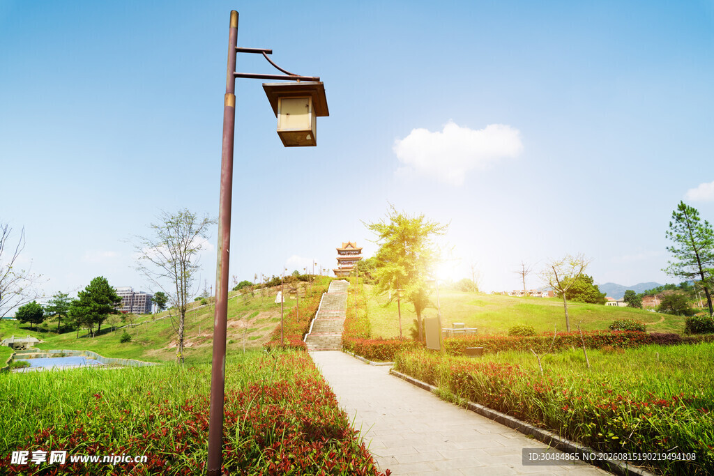 田园小径旁的温馨路灯