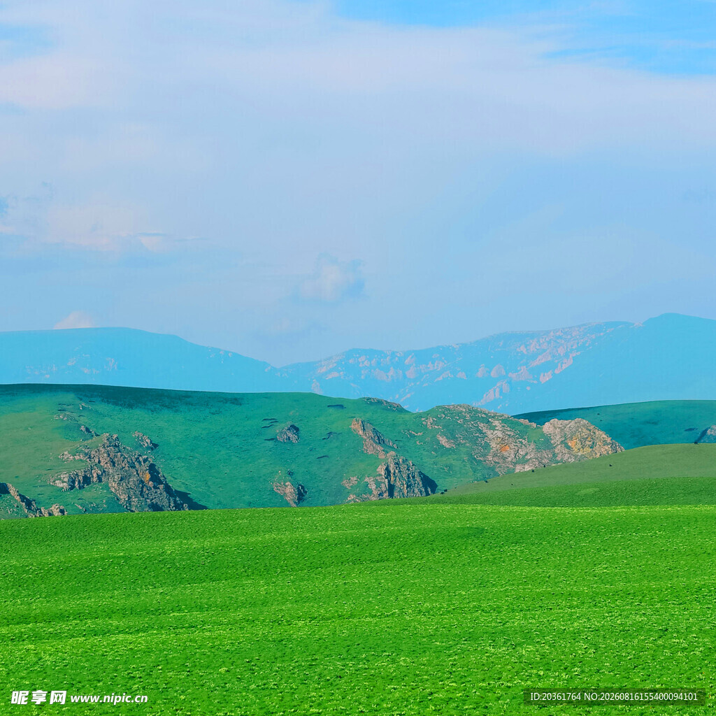 广袤绿野与远山美景