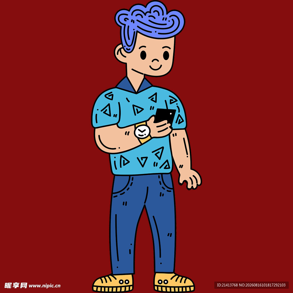 蓝发男孩手持手机