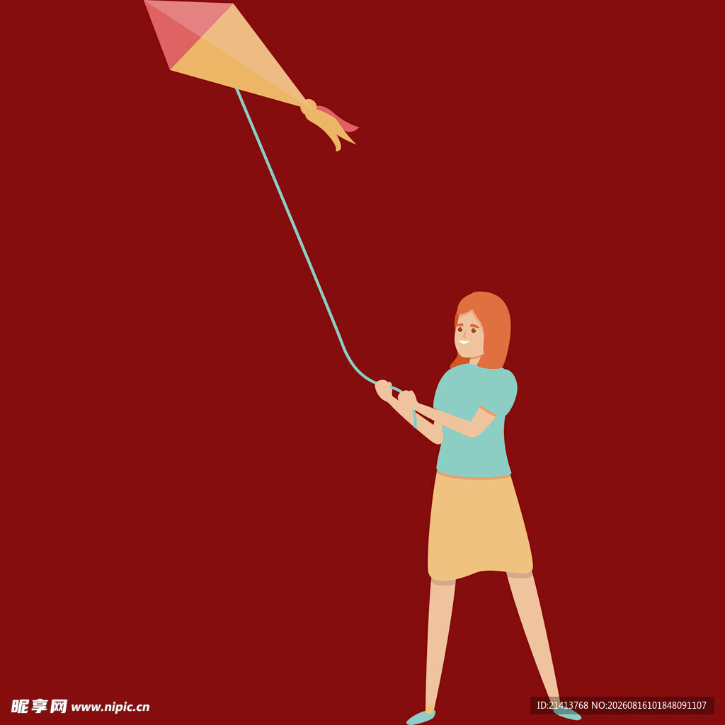 女孩欢快地放飞彩色风筝