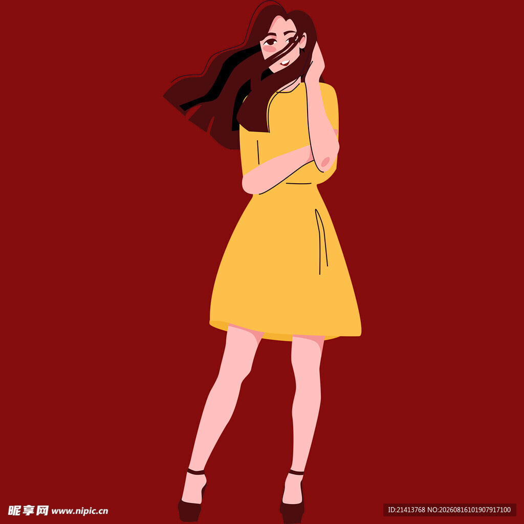 穿黄裙的时尚长发女子