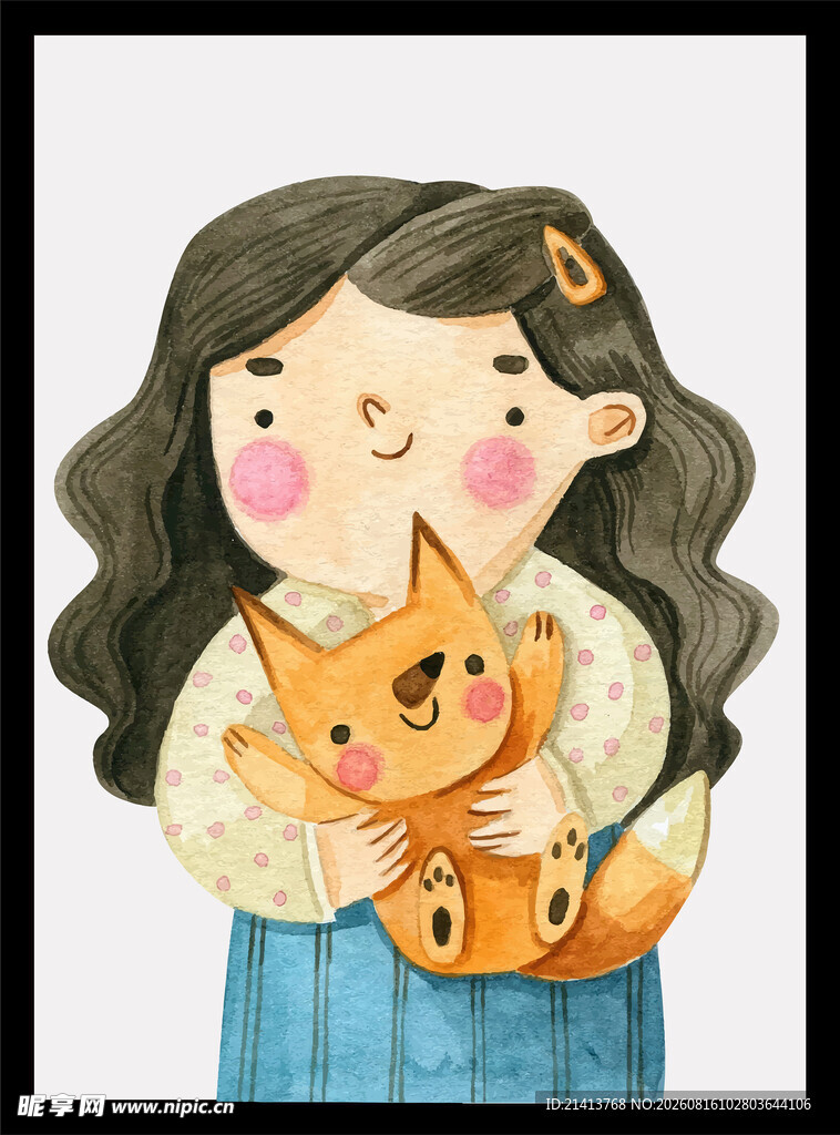 女孩怀抱可爱猫咪插画