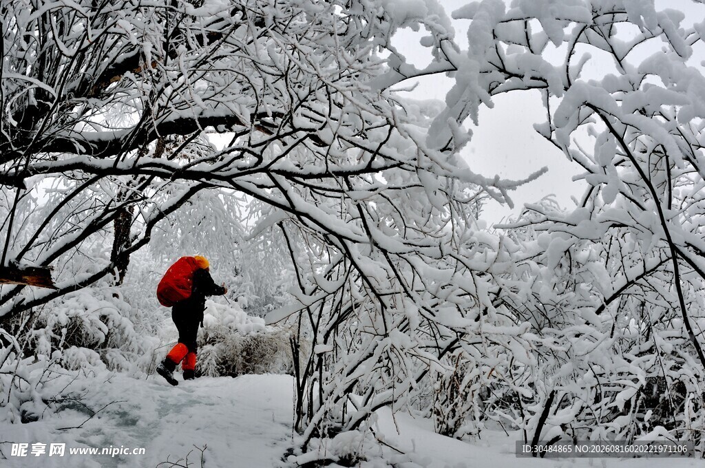 雪地中独行的红衣徒步者