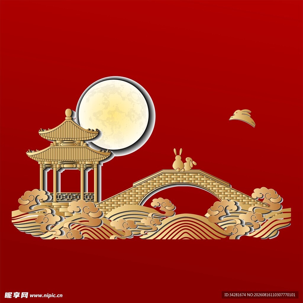 中式古风中秋桥亭赏月图