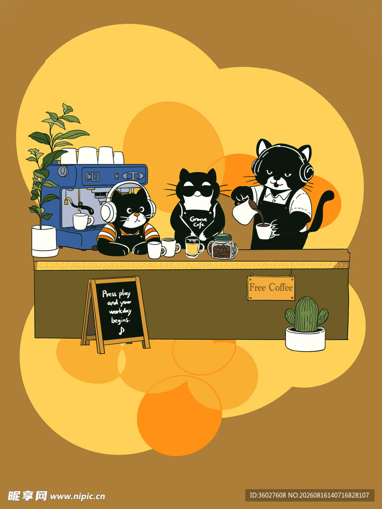 卡通黑猫咖啡馆场景 咖啡店背景