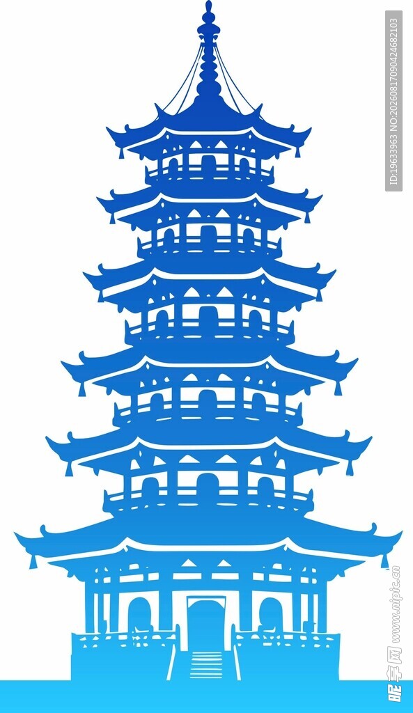 蓝色中式宝塔建筑剪影