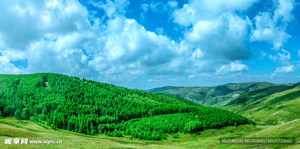 翠绿山丘与蓝天白云美景