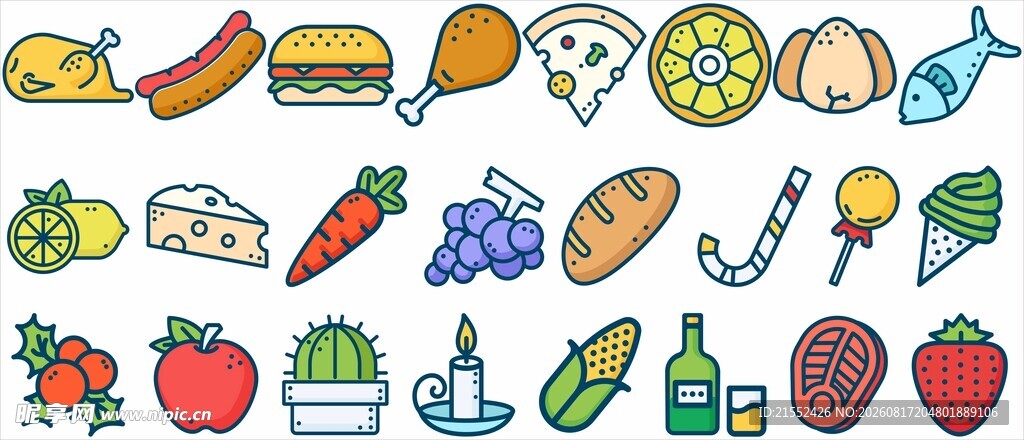 多彩卡通食物图标集合