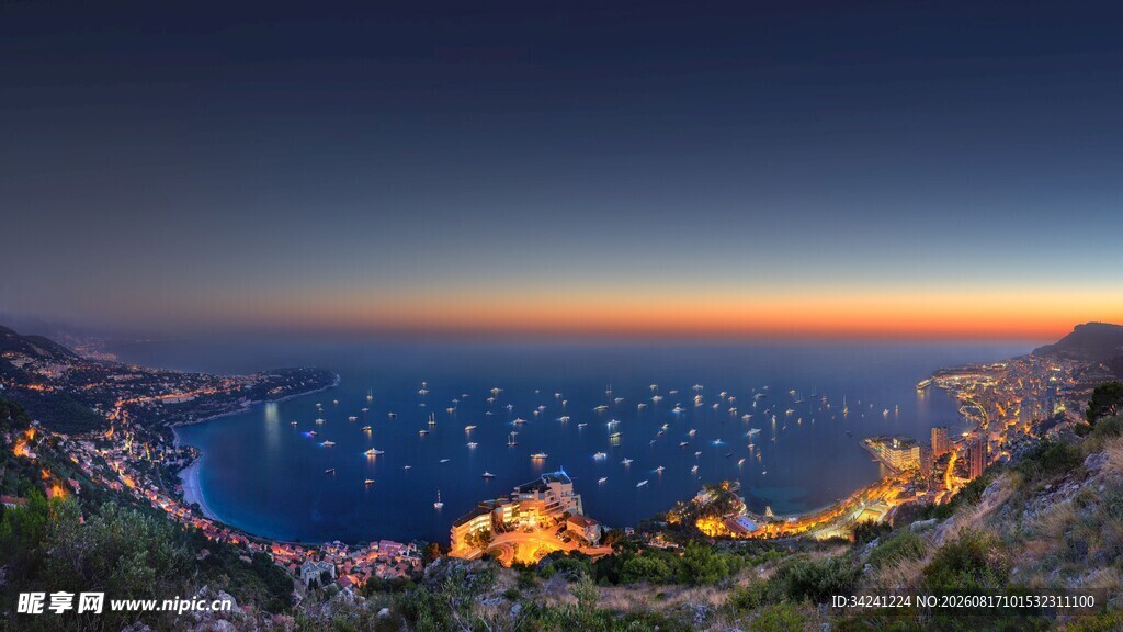 海边暮色夜景全景图
