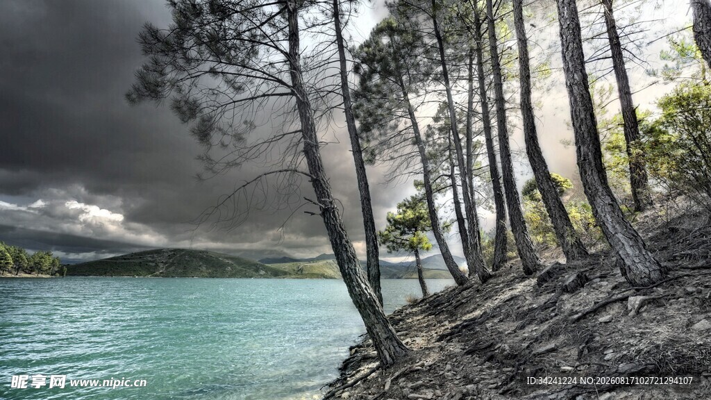 湖畔树林风云变幻之景