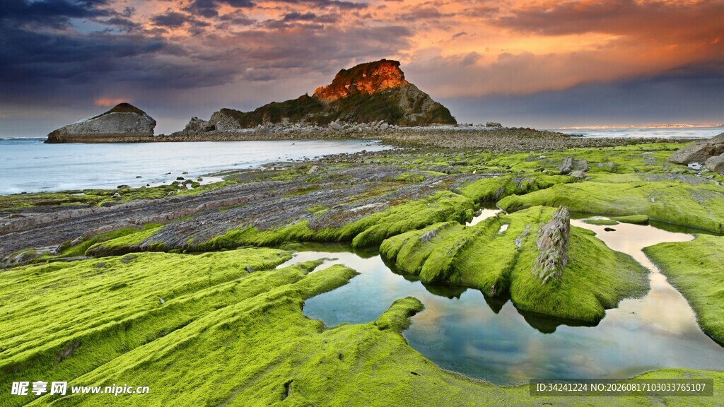 海岸绿苔与落日美景