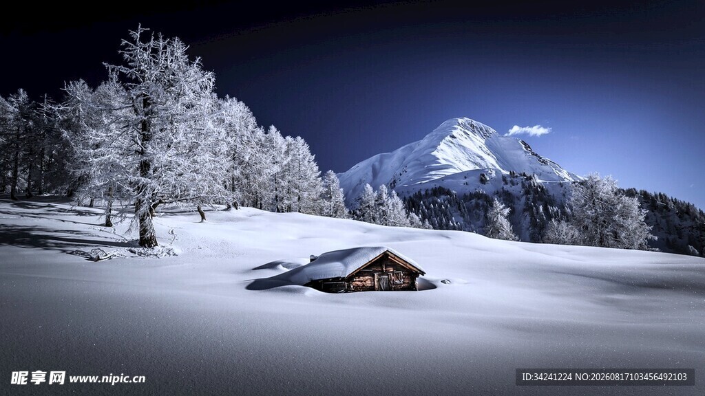 雪夜山间小屋