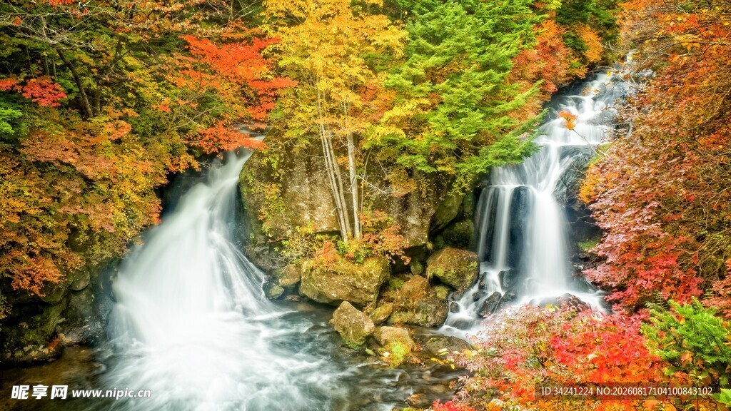 秋日山林中的飞瀑美景