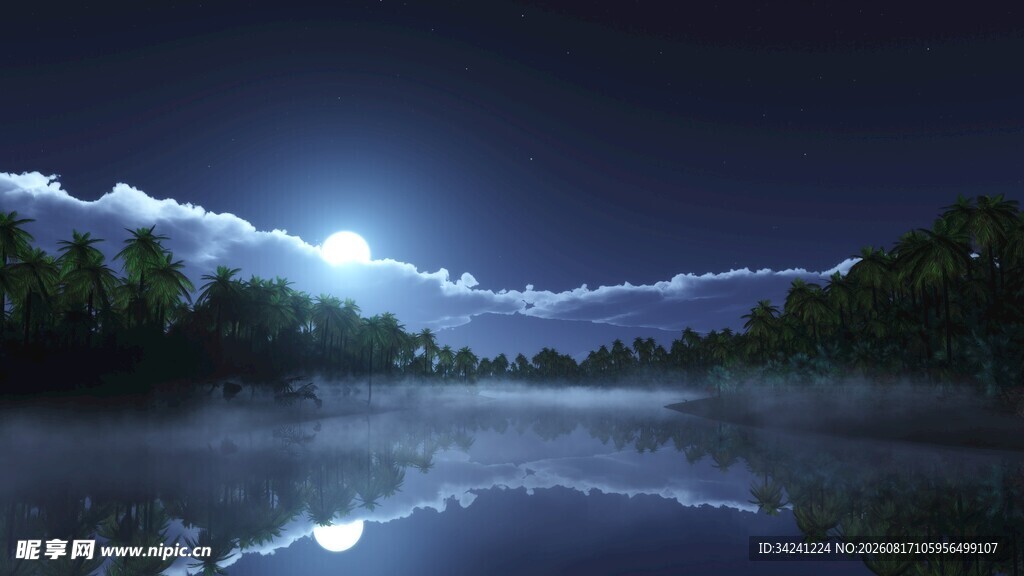 月夜下静谧的湖边森林
