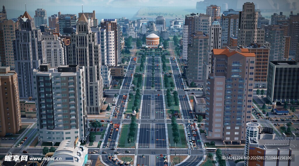 城市高楼间的宽阔道路