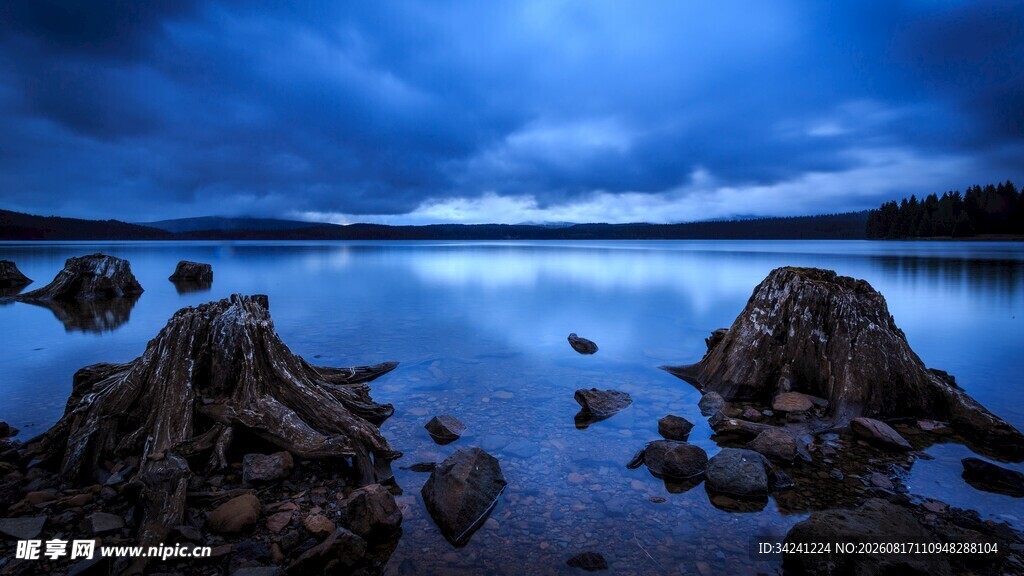 湖畔夜色中的嶙峋怪石