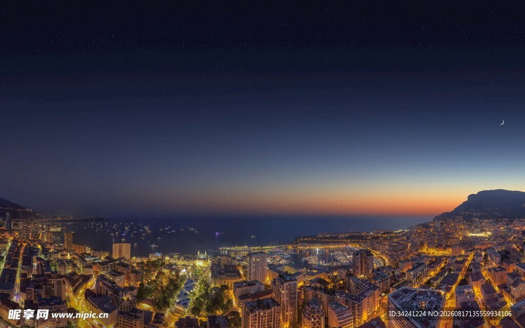 城市夜景俯瞰美丽海岸线